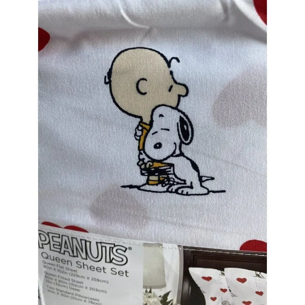 Peanuts Snoopy Charlie Brown‎ Red Hearts Valentines Day QUEEN Size Sheet Set NEW